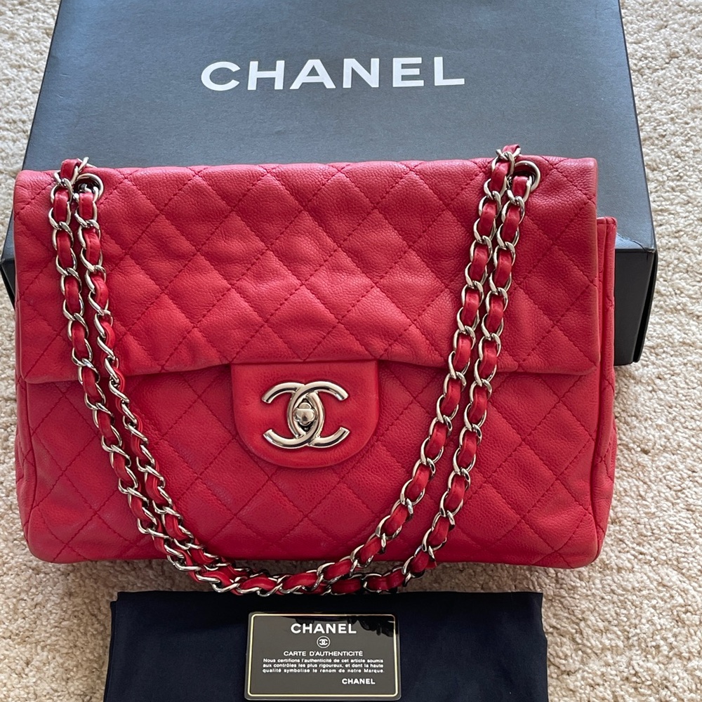 VINTAGE RARE HTF CHANEL SOFT CAVIAR MAXI FLAP BAG RED FULL SET!! WOW! SOLD!